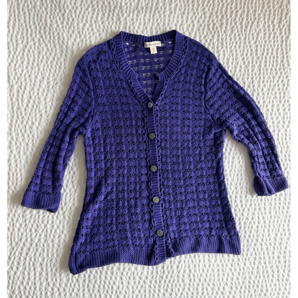 Coldwater Creek Purple Pointelle Open Knit Cardigan XL Cotton Blend 3/4 Sleeve